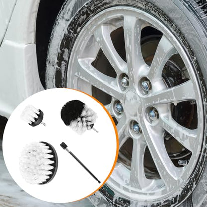 4PCS Drill Brush Attachment Kit with Extension Rod, White | PP bristles with steel shafts, three brush sizes, quick-change extension rod, follows curved surfaces, compact storage - color: White