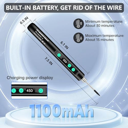 Portable Wireless Soldering Kit—Features a 1100mAh rechargeable USB-C soldering pen LCD screen for adjustable temperature settings. home appliance repairs and DIY projects. 8-second rapid heat-up.
