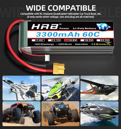 HRB 4S 3300mAh Lipo Battery 60C 14.8V XT60 Compatible with RC Plane