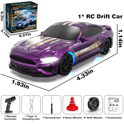 RC Drift Car 1/43 Scale Mini RC Drift Cars with Gyro, 4WD Full Proporitonal High Speed Remote Control Car with LED Lights and Drifting Tire Hobby Racing Cars for Kids Boys Girls, Purple - color: Purple