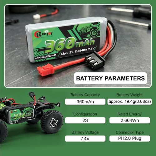 2PCS 7.4V Lipo Battery 2S 360mAh PH2.0 Plug Rechargeable Lithium Battery with RC Battery Aluminum Side Plate for RC Axial SCX30 Upgrade Crawler Car Trucks - color: 2pcs 360mAh, w/ battery tray