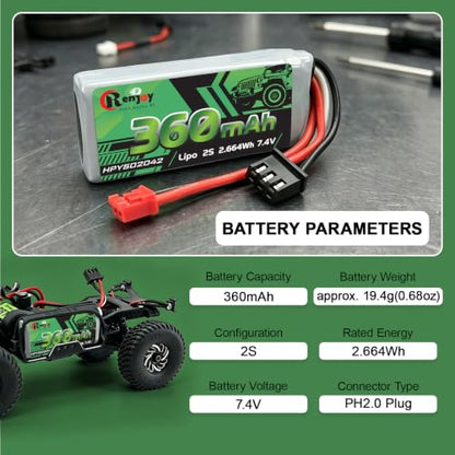 2PCS 7.4V Lipo Battery 2S 360mAh PH2.0 Plug Rechargeable Lithium Battery with RC Battery Aluminum Side Plate for RC Axial SCX30 Upgrade Crawler Car Trucks - color: 2pcs 360mAh, w/ battery tray