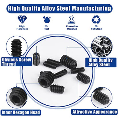 1000pcs Metric + SAE Set Screw Assortment Kit, Internal Hex Drive Cup-Point Allen Screws Set 12.9 Class Alloy Steel Grub Screw (M3-M8, 1/8"-40 to 5/16"-18) - color: Black Set Screws 1000PCS