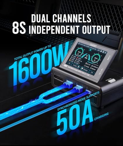 1600W 50A Flip Touchscreen Dual Channel RC Battery Balance Charger Discharger 65W Fast Charger for 1-8S LiPo, 1-20S MiMH for RC Car Boat Aircraft Drone