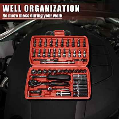 Egofine 53 Pieces 1/4 inch Drive Socket Ratchet Wrench Set with 72 Tooth Reversible Ratchet, with Bit Socket Set and Extension Bar for Auto Repairing and Household, with Storage Case - style: 1/4" 53 PCS with 72 Teeth Ratchet