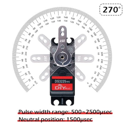 DS3225 25KG Digital Servo Motor 270 Degree High Torque Full Metal Gear RC Servo with 25T Servo Arm Horn IP66 Waterproof for 1/8 1/10 Baja RC Cars Crawler Buggy Truggy