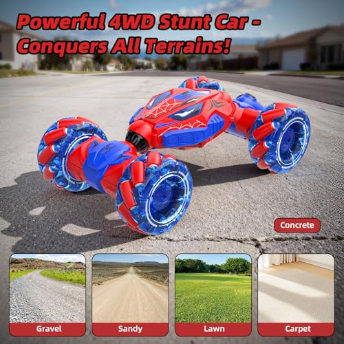 VisionX RC Stunt Car, 4WD 360° Rotating Gesture Sensing Remote Control | Outdoor Cars Toys for Ages 6-12, Double‑Sided with Lights, Music & Spray, 2 Replaceable Batteries - color: Red-spider