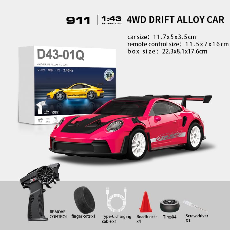 1:43 RC Drift Car 20KM/H with Gyro, 2.4G 4WD Full Proportional Alloy Sport Racing Car, Adjustable Speed, LED Lighting for Teens & Adults-D43-01 - color: Q6/Magenta