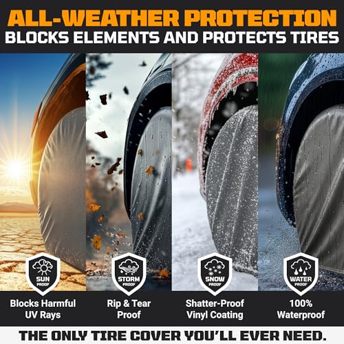 TIRESHIELD PRO Tire Covers Set of 4 - Heavy Duty All-Weather UV-Resistant Wheel Covers w/StormLock-System - Year-Round Protection for Your RV, Camper, Truck, Car & Trailer Tires w/ 39-42" Diameter - size: XXX-Large - Fits Tire Diameters 39-42", style: TIR
