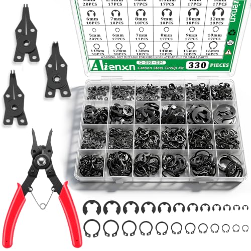 330PCS Snap Rings Assortment Kit, E Clips Assortment Kit (2MM-12MM) and C Clips Assortment Kit (5MM-16MM), 24 Sizes Alloy Steel Snap Ring Kit with 5PCS Snap Ring Plier - color: Black Carbon Steel, size: 330PCS E-clips+C-clips with Plier Set