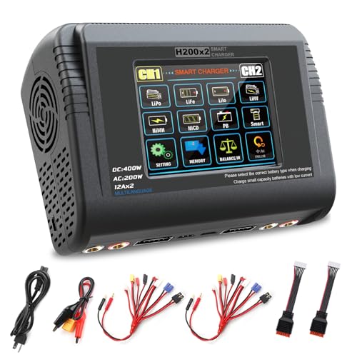 Dual LiPo Charger Touch Screen Battery Charger Discharger AC200W DC400W 12A | Fast Balance Battery Charger for 1-6S LiPo Li-ion Li-Fe LiHV 1-15S NiCD NiMH 2-20V PB Smart Batteries RC Car Boat Drone