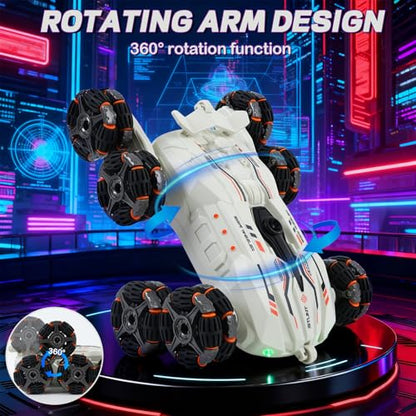 Funbud 8 Wheels Gesture Sensing RC Stunt Car for Kids - Birthday Gifts for 6 7 8 9 10 11 12+ Years Old, Remote Control Off-Road Vehicle, 360 Degree Flips & Lights & Spray, Fun Toys for Boys Age 6-12