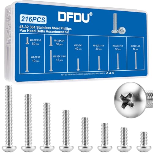 216PCS 8-32 Machine Screw Phillip Pan Head 304 Stainless Steel 1/2"-2" | 8 Lengths 8-32 x 1/2", 3/4", 1",1-1/4", 1-1/2", 1-5/8", 1-3/4", 2" Bolt UNC Fully Threaded Fastener for Electrical Furniture - size: SS #8-32 216PCS
