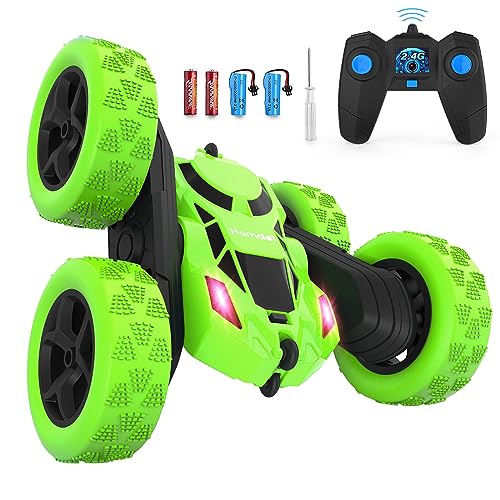 Hamdol RC Stunt Car for Kids Ages 6–12, Double-Sided Remote Control Car with LED Lights, 4WD Electric Toy Vehicle, USB Rechargeable, Perfect Birthday, Holiday for Boys & Girls - color: Green, size: Standard (Headlights)