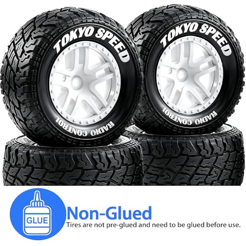 1/10 RC Short Course Truck Tires and Wheels with 12mm 14mm 17mm Hex 110mm 1/8 Rubber Tyres for 1/10 RC Truck ARRMA ARA3521T3 Traxxas 68154-4-GRN - Slash BL-2S (White) - color: White