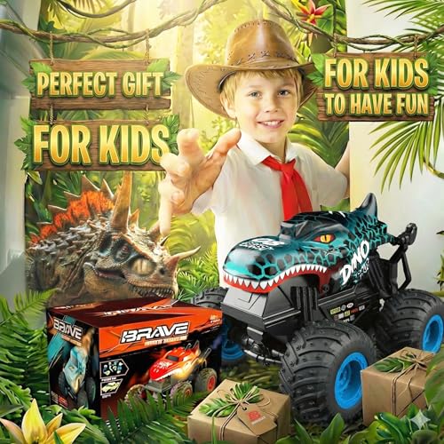 BEZGAR Monster Truck Toys, 1:20 Remote Control Car with Light & Music | Blue Dinosaur Toys for Kids, RC Truck with 360° Spins and Drifting, Toy Car Gifts for Boys, Battery Life of 20 Minutes - color: Blue