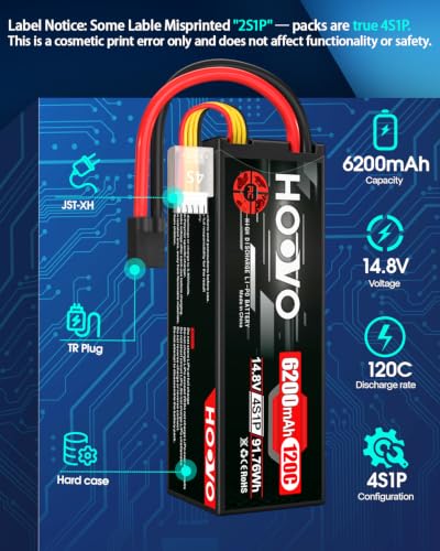 HOOVO 4S Lipo Battery 14.8V 6200mAh 120C RC Car Battery Hard Case TR Plug | 2 Pack Battery compatible for 1/8 and 1/10 Scale RC Car RC Buggy Truggy Truck Slash 4X4 Crawler Monster RC Hobby - style: 4S 6200mAh