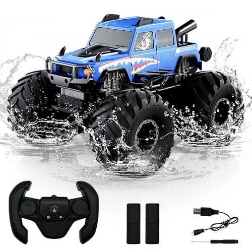Amphibious Remote Control Trucks,2.4G 1:18 4WD All Terrain Off-Road Waterproof Monster RC Cars Pool Toys Hobby RC Vehicle Christmas Birthday Gifts for Kids Boys Girls 8 9 10 11 12+ Bule