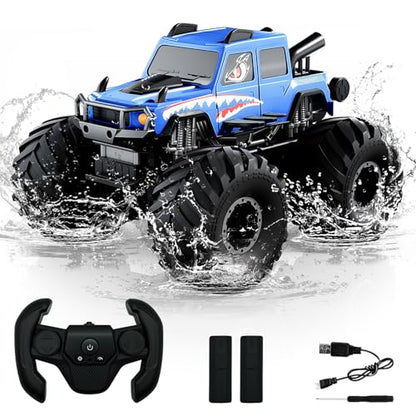 Amphibious Remote Control Trucks,2.4G 1:18 4WD All Terrain Off-Road Waterproof Monster RC Cars Pool Toys Hobby RC Vehicle Christmas Birthday Gifts for Kids Boys Girls 8 9 10 11 12+ Bule