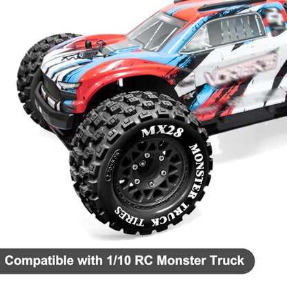 LRFHL MX28 F/R 2.8" RC Monster Truck Tires and Wheels 4PCS, Black | 12mm/14mm Hex Adapter, 1/10 RC Monster Truck, Compatible with Traxxas Stampede Rustler Redcat Arrma Vorteks Big Rock Granite - color: Black Tires+ Black Wheel-10