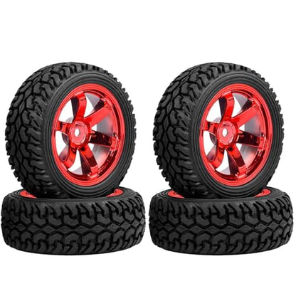 4PCS 75mm Rubber Tires and 6Spokes Plastic Wheel Rims Tyre for 1/10 RC On-Road Drift Racing Car 1:14 1:16 Rally Car for Tamiya Kyosho HPI HSP TT02 Upgrades Parts (Red) - color: Red