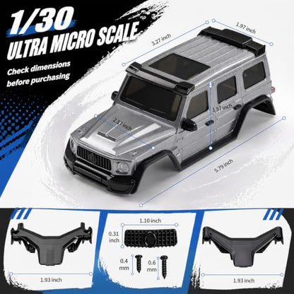 RC Crawler Body Shell Kit, 1/30 Scale Plastic Painted Mini Truck Body Cover with Light Buckets & Spare Tire Mount, DIY Upgrade Accessories Compatible with SCX30 1:30 Micro Crawlers (Grey)