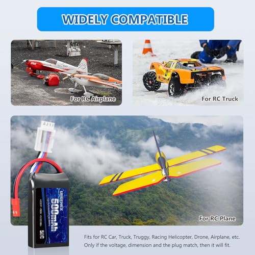 11.1V 500mAh Lipo Battery 3S 50C High Discharge Rate RC Battery Pack with JST Plug Rechargeable Lipos for RC Airplane Racing Drone Helicopter Quadcopter Micro FPV RC Car Truck Boat (2 Packs)