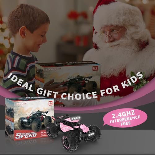 Carox Remote Control Car, 2.4GHz 25KM/H High Speed RC Car, 1:18 Off-Road Monster Truck with LED Lights Rechargeable Battery – Ideal Gift for Boys 6+ - color: Pink