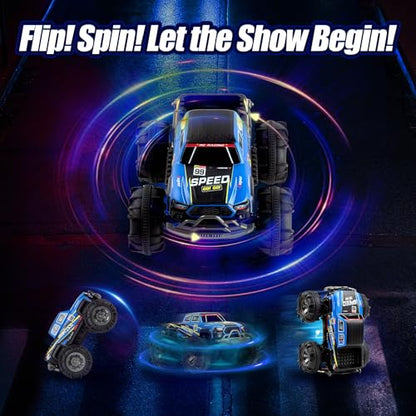 Amphibious Remote Control Car, Monster Trucks for Boys Age 4-7, Monster Truck Toys W/Blocks & 360°Spin, 4WD All-Terrain Off-Road RC Cars with 2 Batteries 100 min, 2.4GHz Pool Toy Gift for Kids - color: Blue