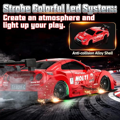 1/43 Mini RC Drift Car with Gyro, 2.4GHz Full Proportional RC Car, 20KM/H Professional High Speed Remote Control Car with Lights, Desktop Drift Car Racing Toy Gifts to Adults Kids Boys - color: Red