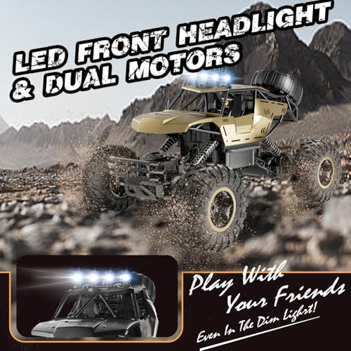 RC Off Road Truck with Durable Metal Body, 1:12 Remote Control Monster Truck, LED Headlights All-Terrain Monster RC Car, Birthday for Kids Boys 8-12 - color: Gold