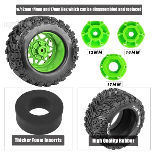 RC Truck Tires 12mm/14mm/17mm Hex RC Wheels and Tires for 1/10 Big Rock Granite Vortek/Stampede Rustler Hoss/L0s1 Rc 4wd,RC Monster Truck Car Wheel 4Pcs,Green Red - color: Green Red - (12mm/14mm/17mm Hex)