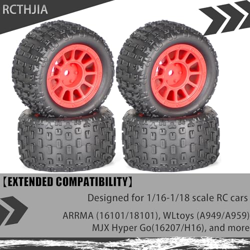 4Pcs Monster Truck Tires 1/16 1/18 Scale 74mm Pre-glued Foam Insert Tires for ARRMA Granite 1/18 Granite/ Typhon, WLtoys A949, MJX Hyper Go H16, High-Grip Ready-to-Run - color: Red