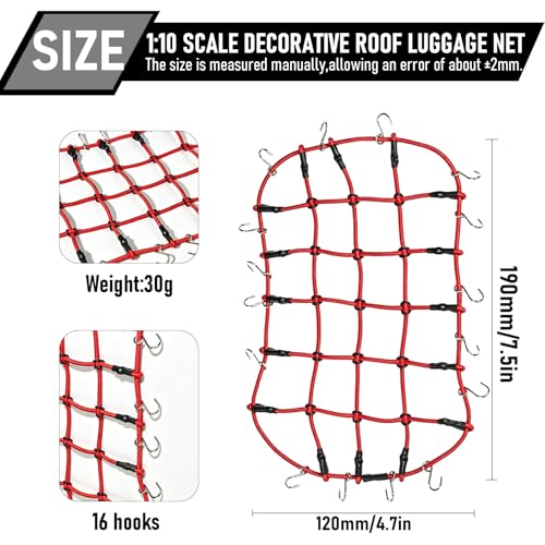 1/10 RC Elastic Cargo Net 19×12cm with Hooks, Scale Luggage Net for TRX4 | Compatible with TRX4 SCX10 D90 Axial 90046 1/10 RC Crawler Truck Accessories (Red) - color: Red