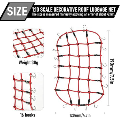 1/10 RC Elastic Cargo Net 19×12cm with Hooks, Scale Luggage Net for TRX4 | Compatible with TRX4 SCX10 D90 Axial 90046 1/10 RC Crawler Truck Accessories (Red) - color: Red
