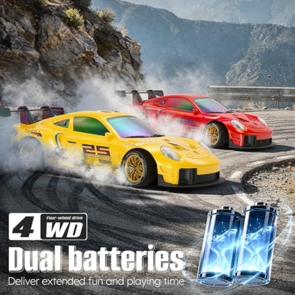 RC Drift Car, 1:24 4WD Remote Control Cars Vehicle with LED Light,2.4GHz 20KM/H High Speed RC Cars with Two Batteries & Drifting Tires Racing Sport Toy for Adults Boys Girls Kids Yellow - color: Yellow