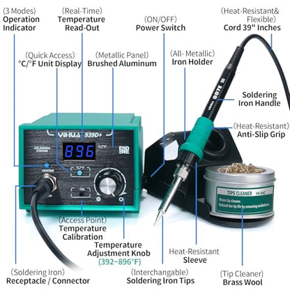 YIHUA 939D+ Digital Soldering Station, 75W Equivalent with Precision Heat Control (392°F to 896°F) and Built-in Transformer. ESD Safe, Lead Free with °C/°F display (Green) - color: Green