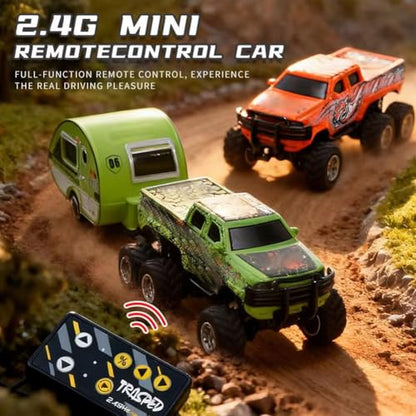 Mini Rc Truck,1/64 Scale Mini Remote Control Monster Truck with Trailer, 2.4Ghz Remote Control & APP, Rechargeable Alloy Shell RC Cars with Lights, Speed/Steering Adjustable (Gray) - color: Gray