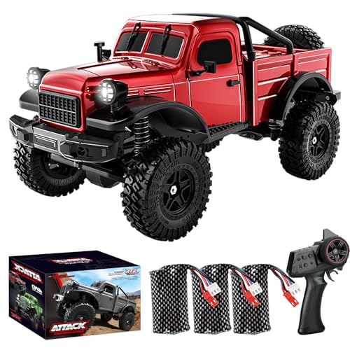 1:18 Scale All Terrain Remote Control Car, 2.4 GHz 4WD RC Rock Crawler with LED Lights, 12KPH Off-Road Pickup Truck Vehicle Toys RTR Gift for Adults - color: Red, size: 3 Battery