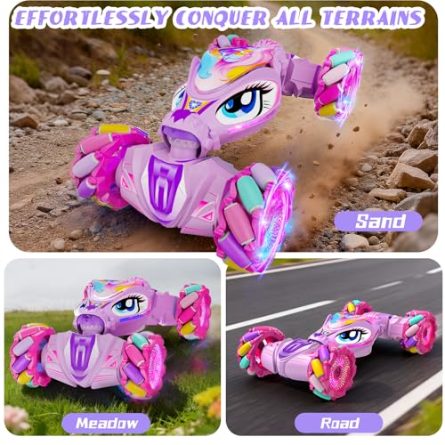 Unicorn Remote Control Car for Girls Age 6-8-12, Pink RC Gesture Sensing Stunt Cars, 2.4Ghz 4WD RC Cars Hand Controlled Remote Control Twist Car with Light & Music, Gift for Kids Age 6 7 8 9 10 11 12+