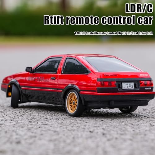 FLYCOLOR 1:18 AE86 Model LD1801 RC Drift Car 1/18 2.4G Remote Control on Road ESP Gyroscope LED Mini RC Racing Cars (Red) - color: Red
