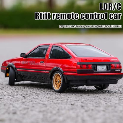 FLYCOLOR 1:18 AE86 Model LD1801 RC Drift Car 1/18 2.4G Remote Control on Road ESP Gyroscope LED Mini RC Racing Cars (Red) - color: Red
