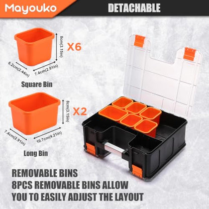 Mayouko Double Side Tool Box with Transparent Lid, 8 Movable Small Trays & Removable Dividers, Multi-Function Small Parts Organizer, for Hardware, Screws, Bricks, Nails, Jewelry and Fishing Tackle - size: 15.16"L x 12.8"W x 6.3"H