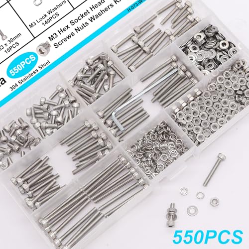 550PCS M3 Screw Kit, M3 x 6/8/12/16/20/25/30mm Hex Socket Head Cap Screws Bolts Nuts Washers Assortment Kit, 304 Stainless Steel Metric Bolts with Hex Wrench - size: SS M3 x 6/8/12/16/20/25/30mm, style: Socket Head