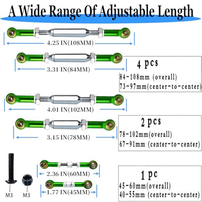 Stainless Steel Turnbuckles Compatible with 1/10 Traxxas Slash Rustler Hoss,Adjustable Tie Rods Set with Wrench & Spacers for Stampede Bandit,7PCS Upgrade Steering Links,Green - color: Stainless Steel & Green