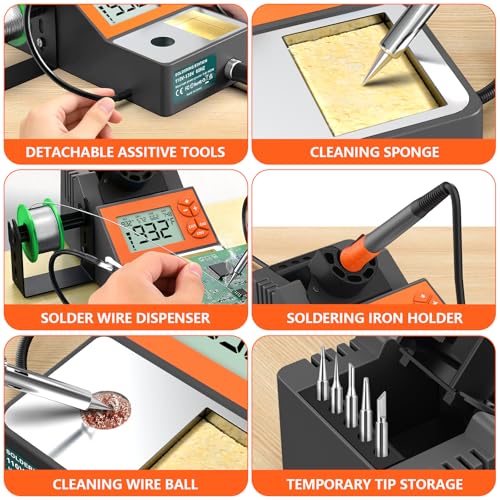 Soldering Station, 140W Digital Display Soldering Iron Station Kit with 2 Helping Hands, 356°F-932°F, Auto Sleep, °C/°F Conversion, Solder Wire, 5 Tips, Solder Sucker, Tweezers, Tip Cleaner, Gray - color: Gray