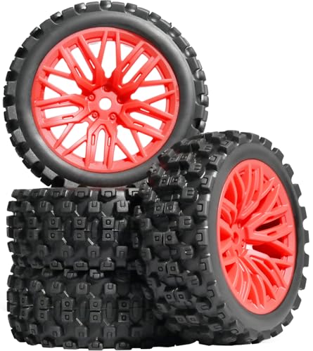 4PCS Pre-Glued RC Crawler Car Rubber Tires and Plastic Wheels Set, 70mm*26mm Tires and Rims with 12mm Hex Fits for ARRMA 1/14 1/16 1/18 Granite/Typhon Grom RC On/Off Road Crawler Truck Car (Red) - color: Red