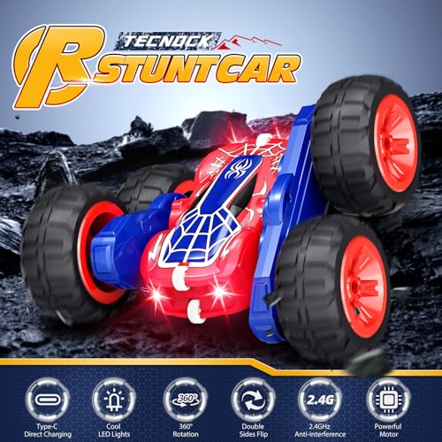 Tecnock Spider Remote Control Car, 2.4GHz RC Cars with USB-C Easy Charging, 4WD Double Sided 360° Rotates & Flips RC Stunt Car, Toys Gift for Boys and Girls Ages 6-8, 8-12 - color: Red