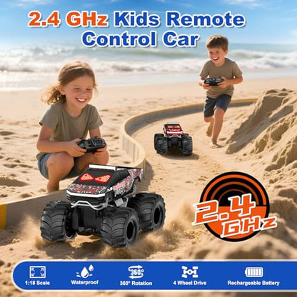 TOZDTO Remote Control Car, 1:18 Waterproof Monster Truck Toys RC Cars | 2.4GHz RC Trucks 4WD All Terrain Off-Road Pickup, Kids Christmas Birthday Presents for Boy Girl Toys Age 6 7 8 9 10 11 12 - color: Glossy Black