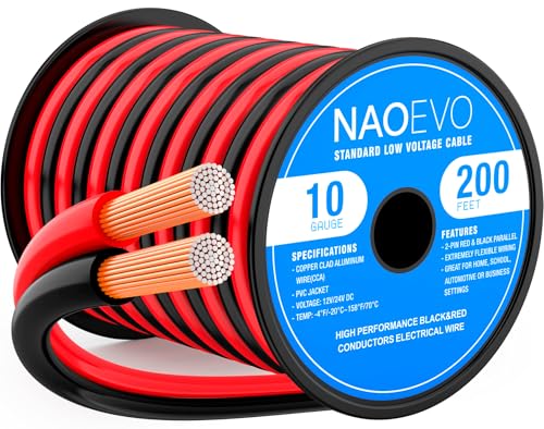 NAOEVO 10 Gauge Wire 2 Conductors, CCA Red Black Electrical Wire, 200FT | Flexible, High Conductivity & Wear-Resistant 10 AWG Wire with PVC insulation for Automotive, Speaker, LED, Marine, 12V/24V DC - size: 200ft, style: 10AWG